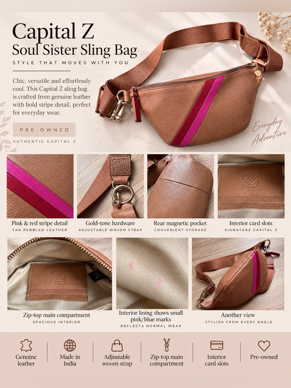 Capital Z Soul Sister Sling Tan Genuine Leather Pink Red Crossbody Belt Bag